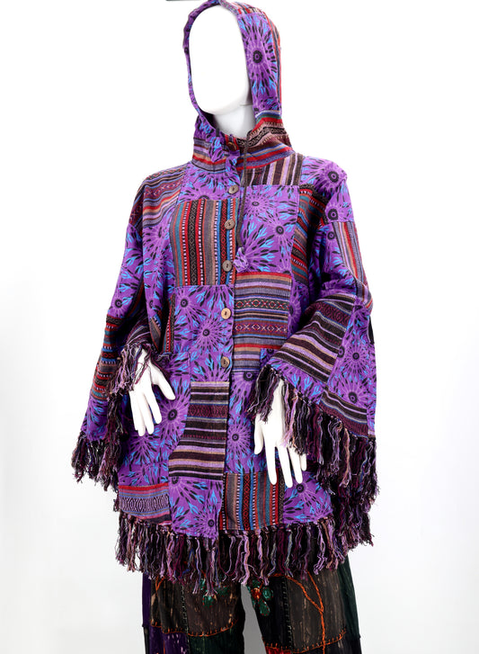 Cotton Hippie Handmade Geometric Patterned Patchwork Bohemian Poncho with Tassels