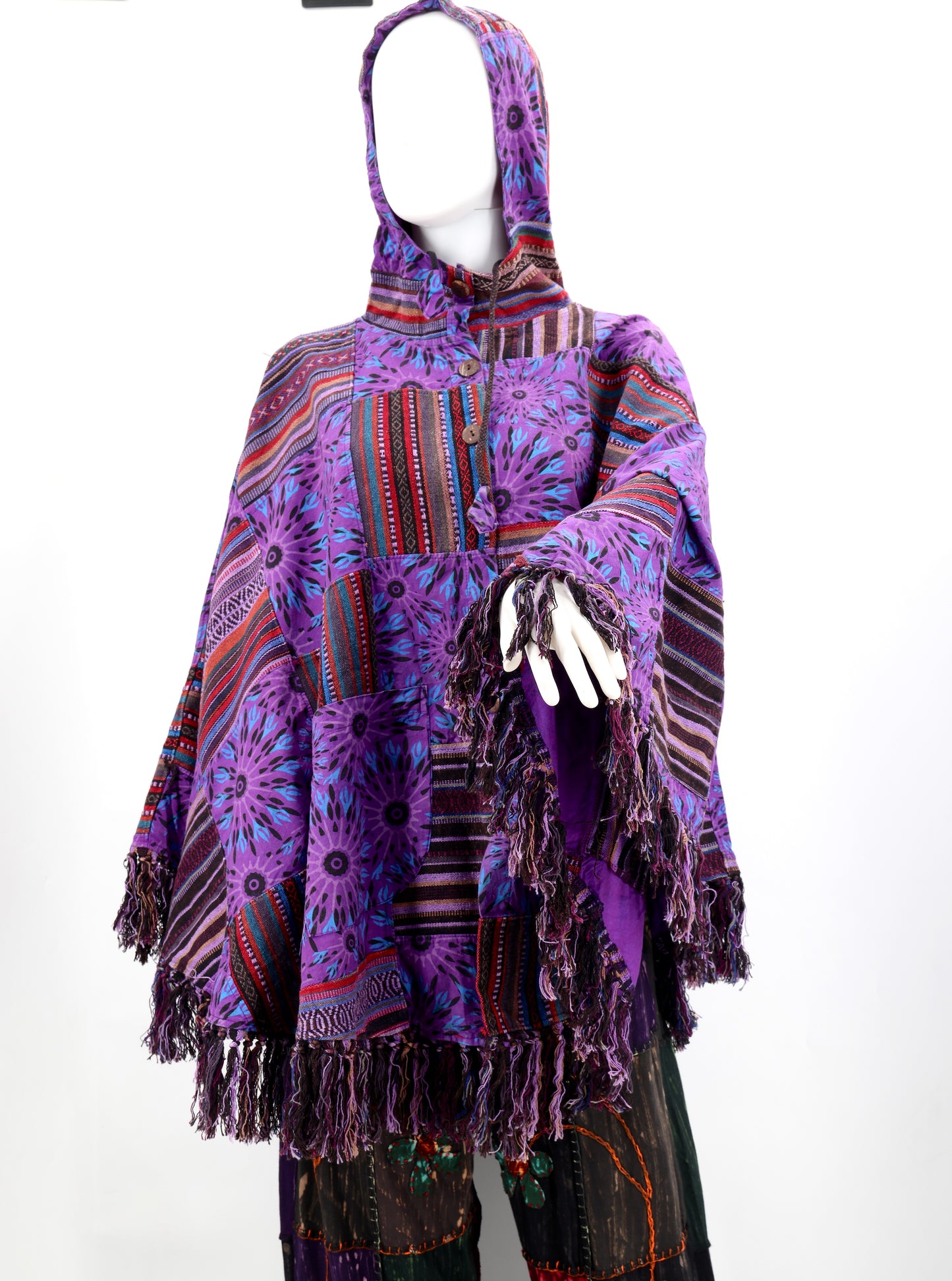Cotton Hippie Handmade Geometric Patterned Patchwork Bohemian Poncho with Tassels
