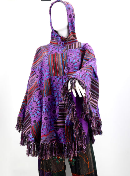 Cotton Hippie Handmade Geometric Patterned Patchwork Bohemian Poncho with Tassels