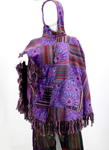 Cotton Hippie Handmade Geometric Patterned Patchwork Bohemian Poncho with Tassels