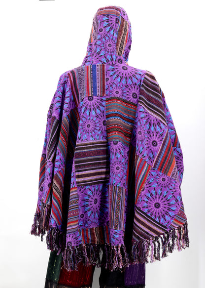 Cotton Hippie Handmade Geometric Patterned Patchwork Bohemian Poncho with Tassels
