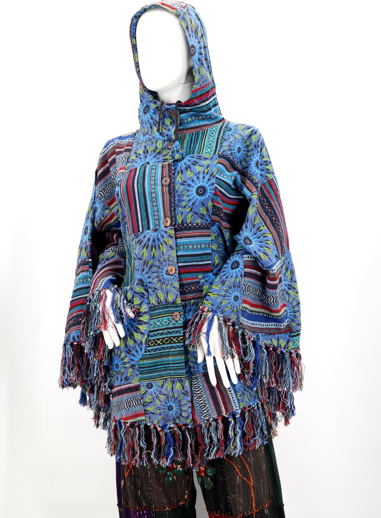 Cotton Hippie Handmade Geometric Patterned Patchwork Bohemian Poncho with Tassels