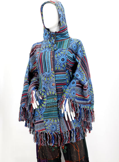 Cotton Hippie Handmade Geometric Patterned Patchwork Bohemian Poncho with Tassels