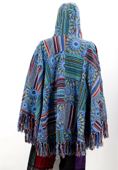 Cotton Hippie Handmade Geometric Patterned Patchwork Bohemian Poncho with Tassels