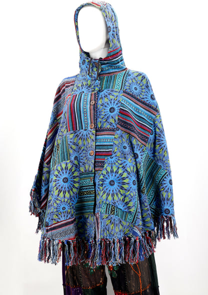 Cotton Hippie Handmade Geometric Patterned Patchwork Bohemian Poncho with Tassels