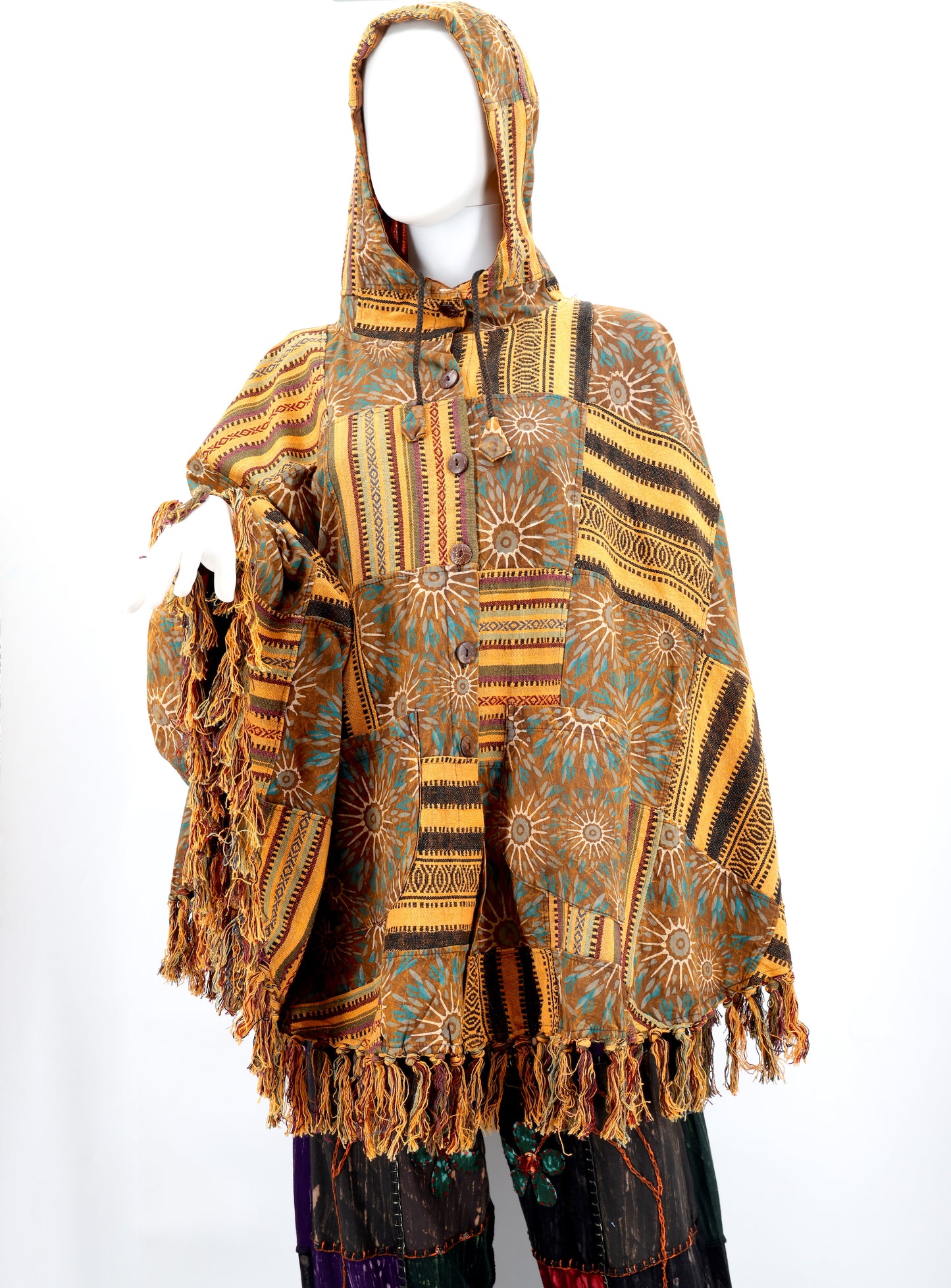 Cotton Hippie Handmade Geometric Patterned Patchwork Bohemian Poncho with Tassels