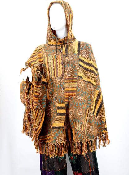 Cotton Hippie Handmade Geometric Patterned Patchwork Bohemian Poncho with Tassels