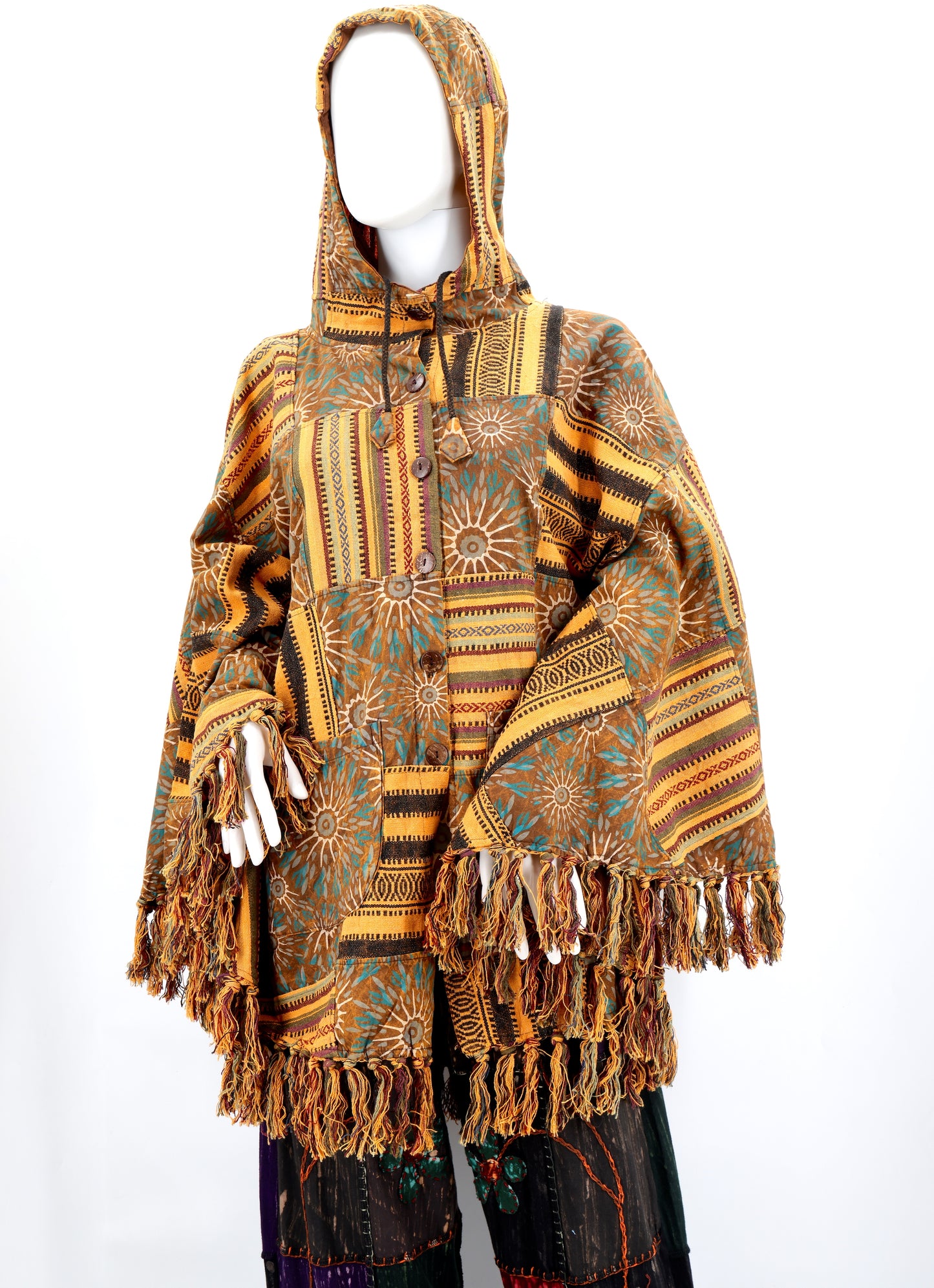 Cotton Hippie Handmade Geometric Patterned Patchwork Bohemian Poncho with Tassels