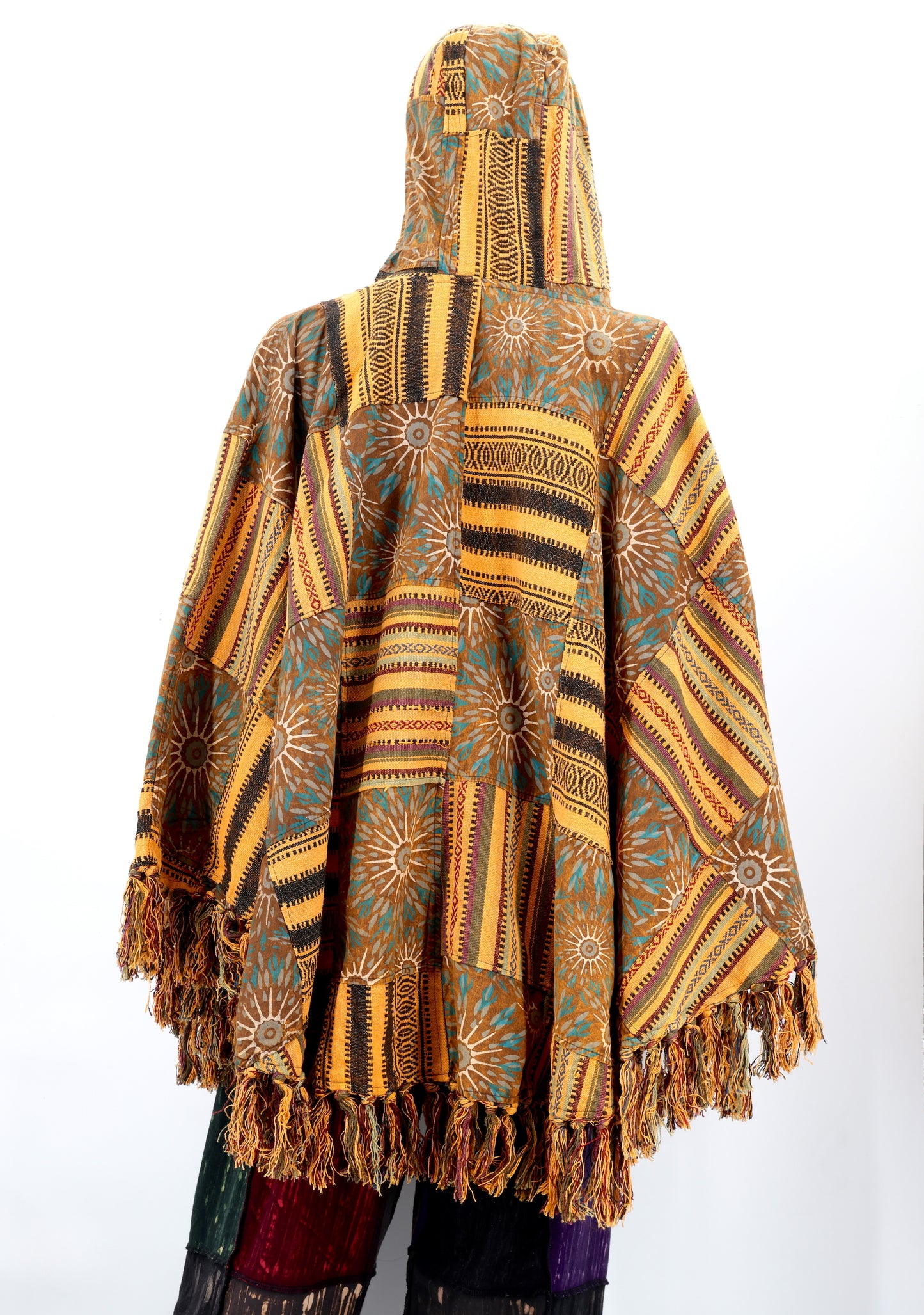 Cotton Hippie Handmade Geometric Patterned Patchwork Bohemian Poncho with Tassels