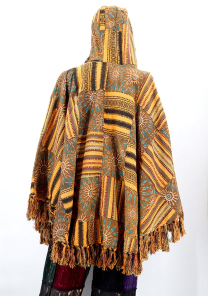 Cotton Hippie Handmade Geometric Patterned Patchwork Bohemian Poncho with Tassels