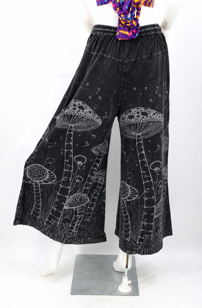 Mushroom Print Wide Leg Palazzo Pants | Stone-Washed Cotton