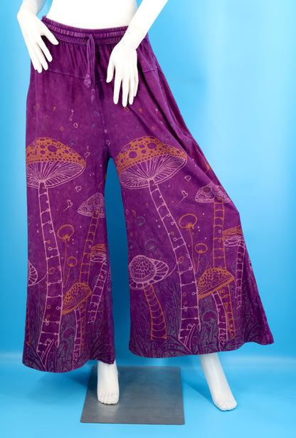 Mushroom Print Wide Leg Palazzo Pants | Stone-Washed Cotton