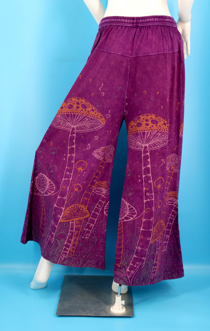 Mushroom Print Wide Leg Palazzo Pants | Stone-Washed Cotton