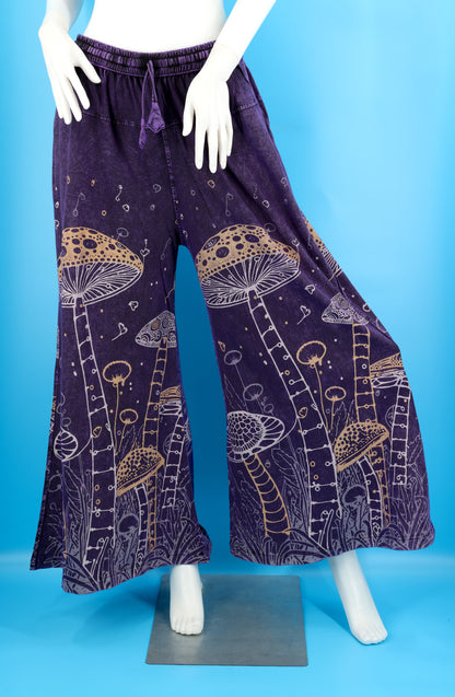 Mushroom Print Wide Leg Palazzo Pants | Stone-Washed Cotton