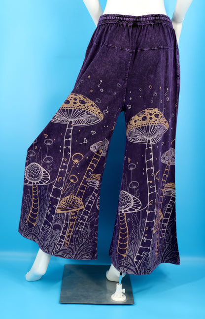 Mushroom Print Wide Leg Palazzo Pants | Stone-Washed Cotton