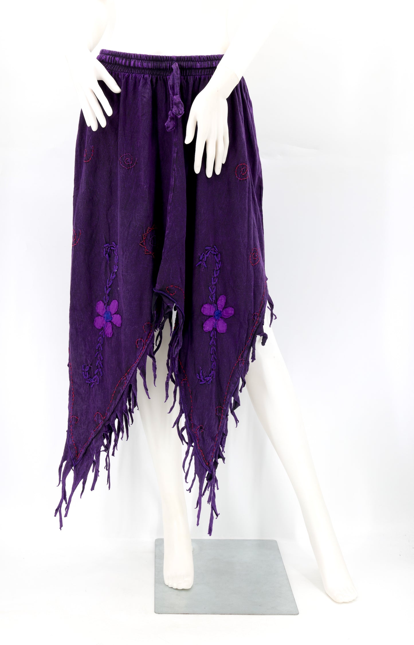 Cotton Hippie Handmade Floral Embroidered Stone Washed Fringe Skirt