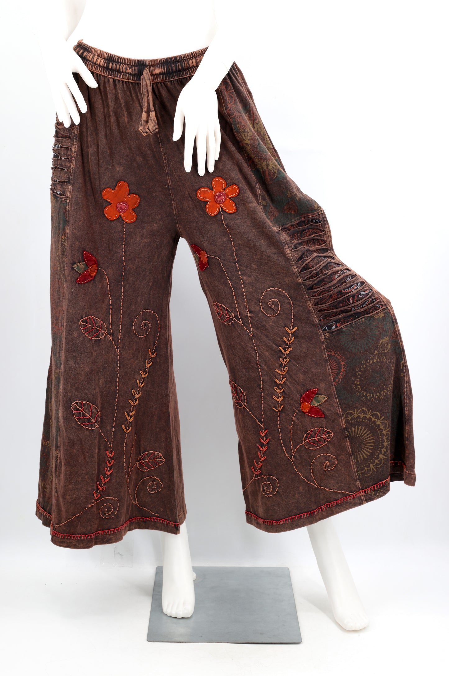 Floral Embroidered Wide Leg Cotton Palazzo Pants