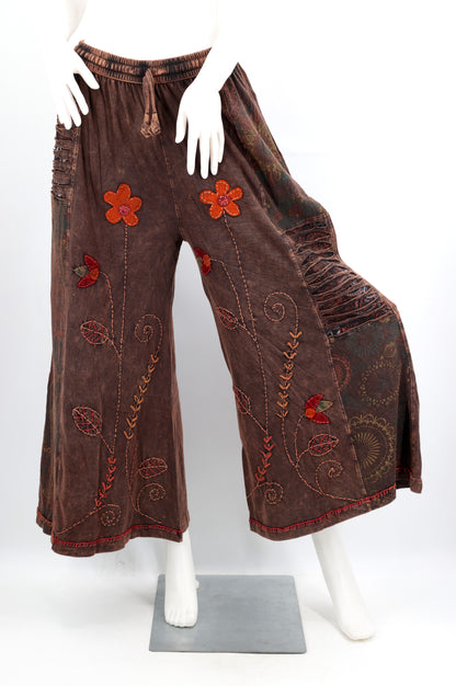 Floral Embroidered Wide Leg Cotton Palazzo Pants