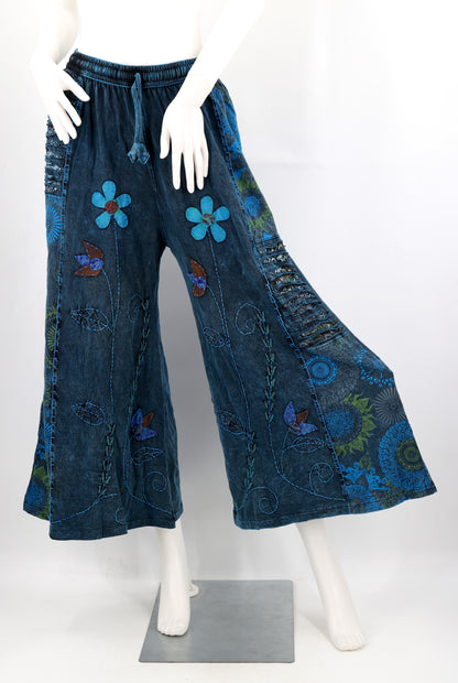 Floral Embroidered Wide Leg Cotton Palazzo Pants