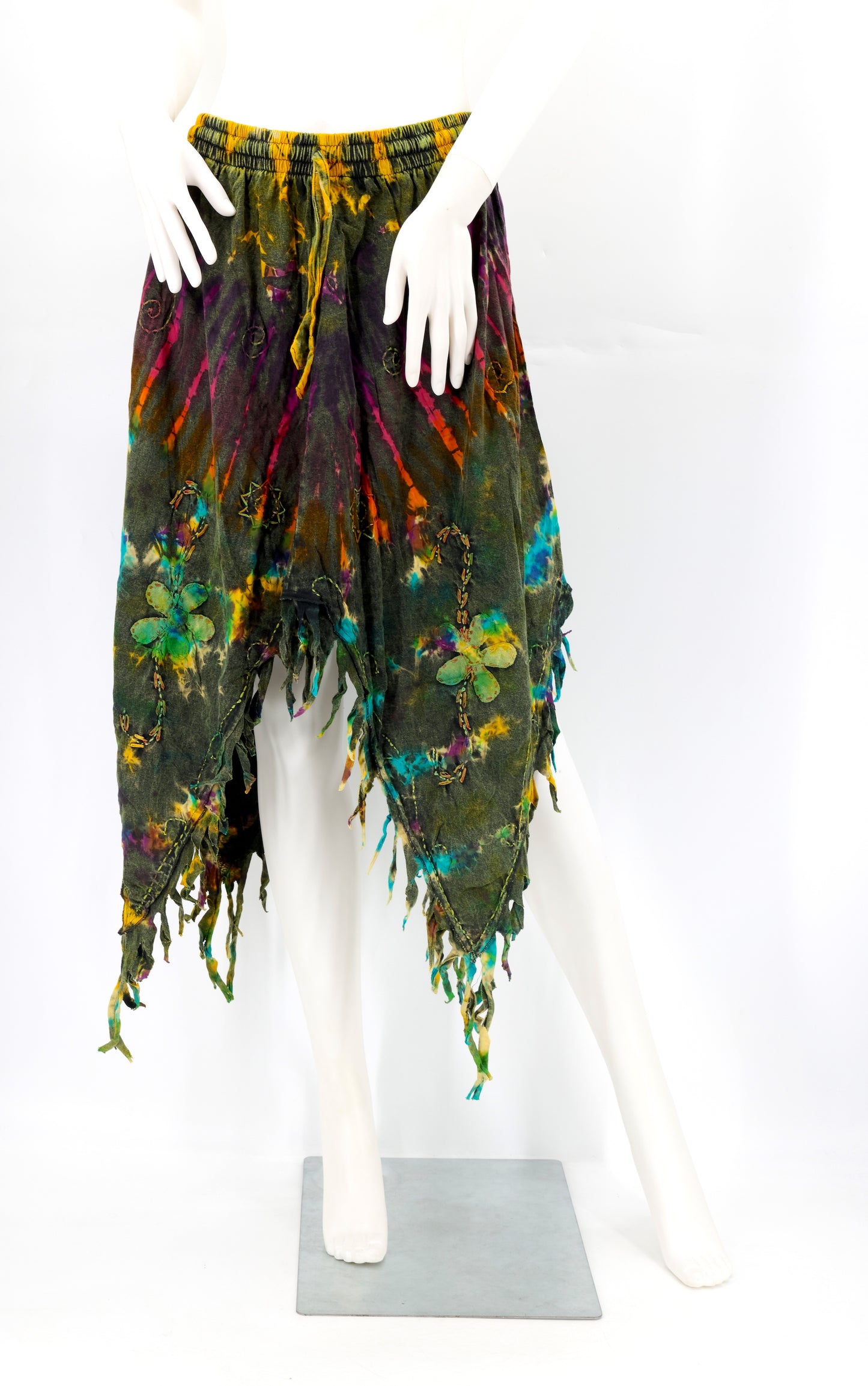 Cotton Hippie Handmade Floral Embroidered Stone Washed Fringe Skirt