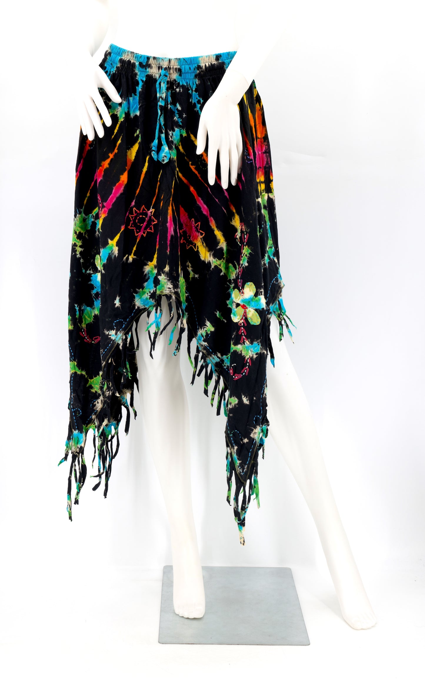 Cotton Hippie Handmade Floral Embroidered Stone Washed Fringe Skirt