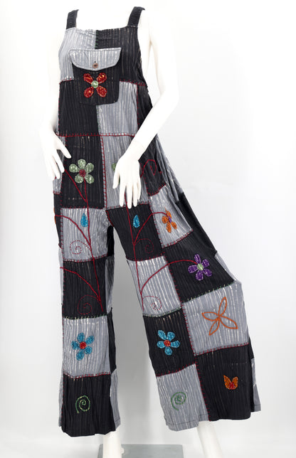 Floral Embroidered Patchwork Overalls | Light Cotton Jumpsuit