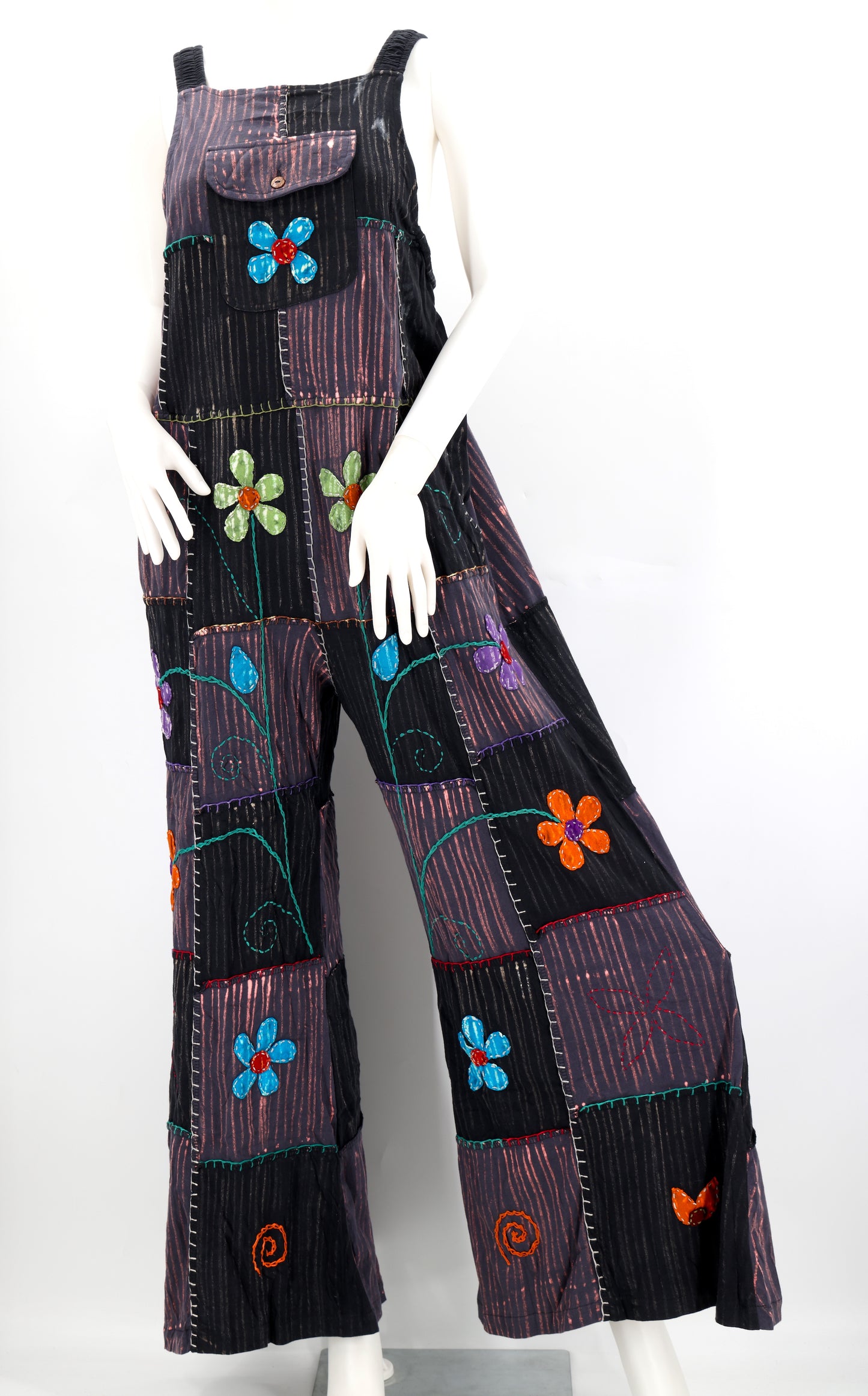 Cotton Hippie Handmade Floral Embroidered Light Patchwork Bohemian Overalls