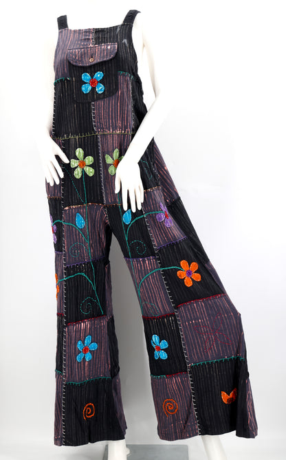 Floral Embroidered Patchwork Overalls | Light Cotton Jumpsuit