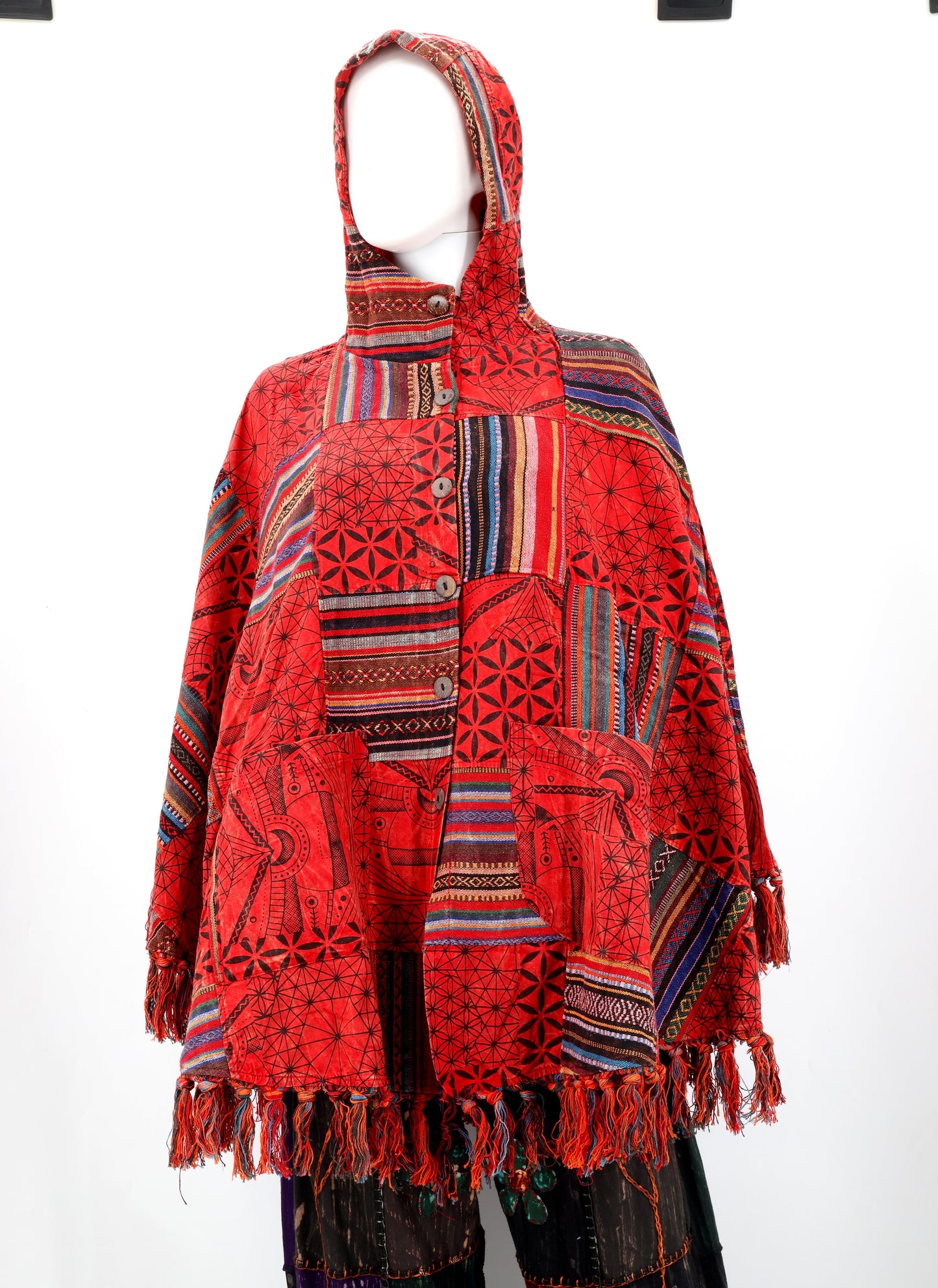Cotton Hippie Handmade Geometric Patterned Patchwork Bohemian Poncho with Tassels
