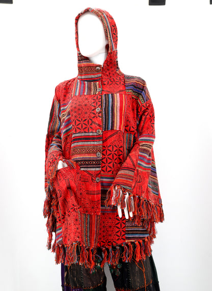 Cotton Hippie Handmade Geometric Patterned Patchwork Bohemian Poncho with Tassels