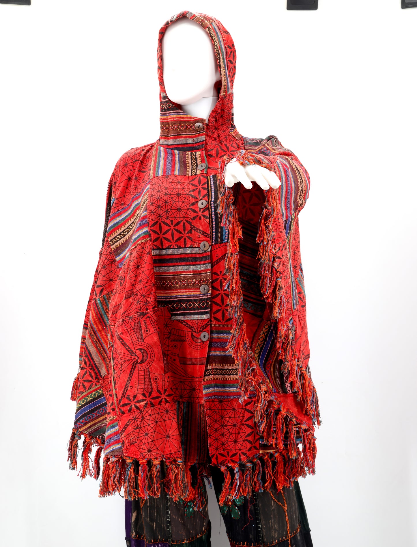 Cotton Hippie Handmade Geometric Patterned Patchwork Bohemian Poncho with Tassels