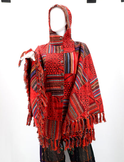 Cotton Hippie Handmade Geometric Patterned Patchwork Bohemian Poncho with Tassels