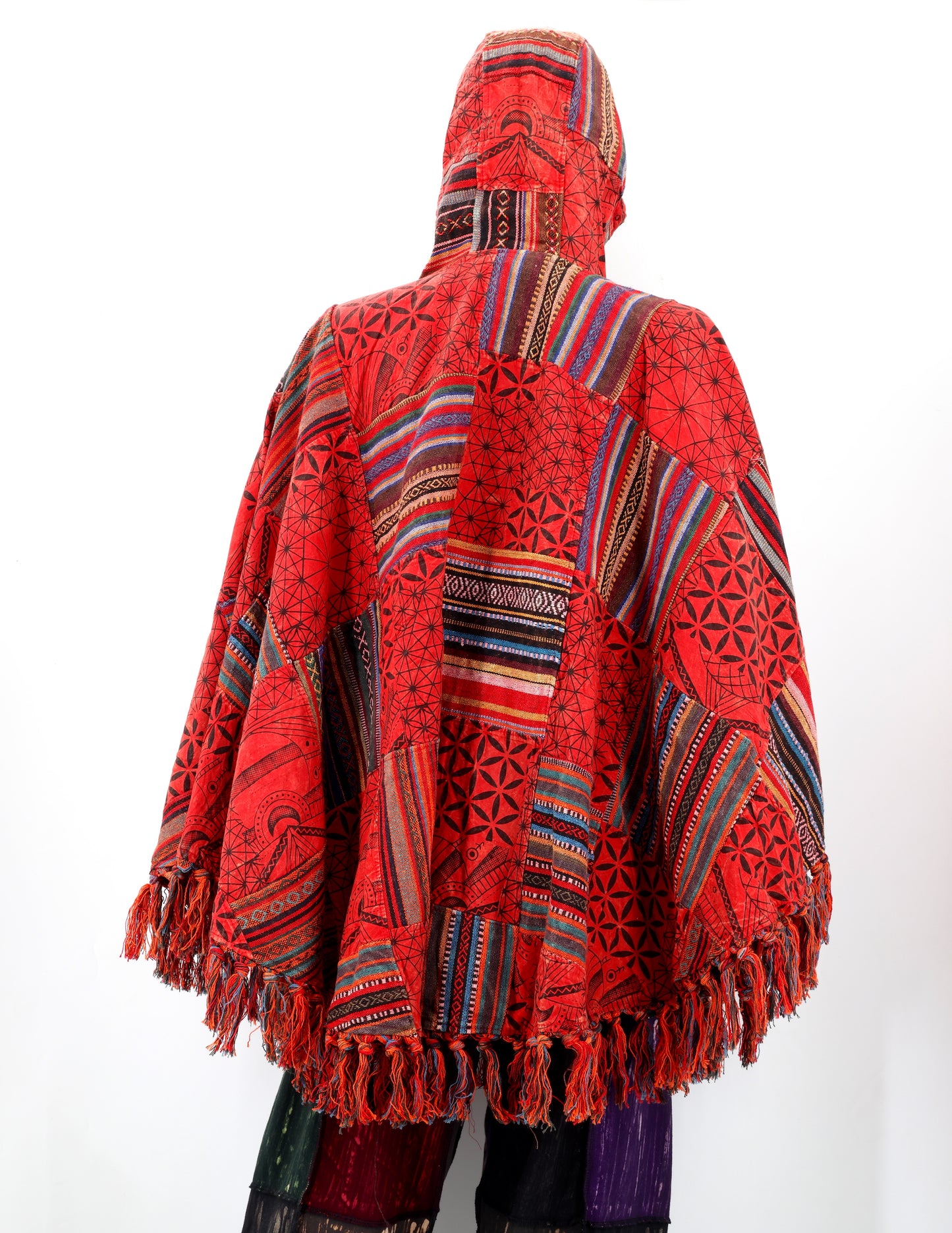 Cotton Hippie Handmade Geometric Patterned Patchwork Bohemian Poncho with Tassels