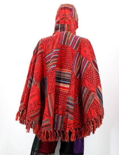 Cotton Hippie Handmade Geometric Patterned Patchwork Bohemian Poncho with Tassels