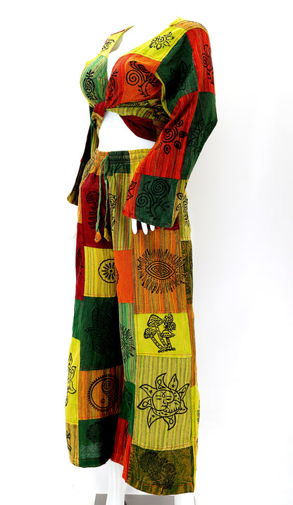 Patchwork Palazzo 2-Piece Set | Cotton Pants & Top Outfit