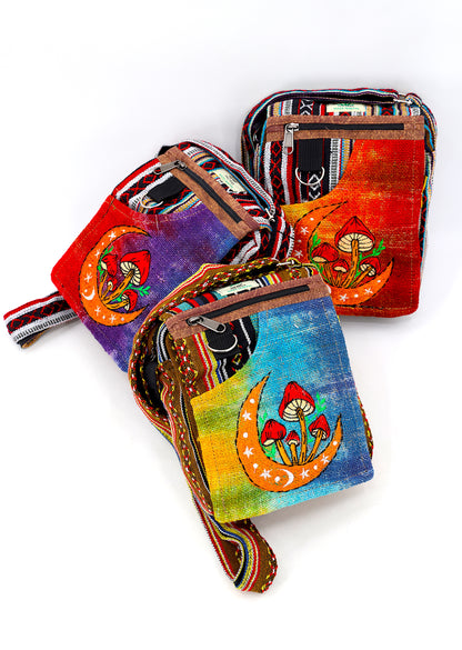 Moon Mushroom Hemp Passport Bag | Hand Embroidered Messenger Bag