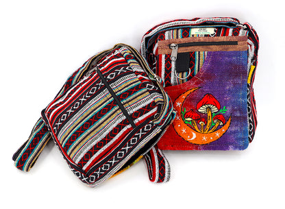 Moon Mushroom Hemp Passport Bag | Hand Embroidered Messenger Bag