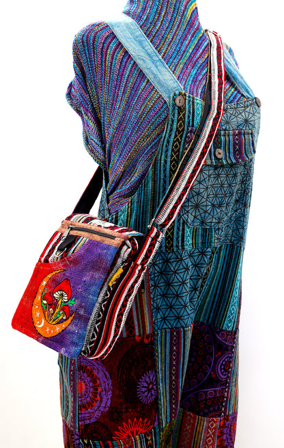 Moon Mushroom Hemp Passport Bag | Hand Embroidered Messenger Bag