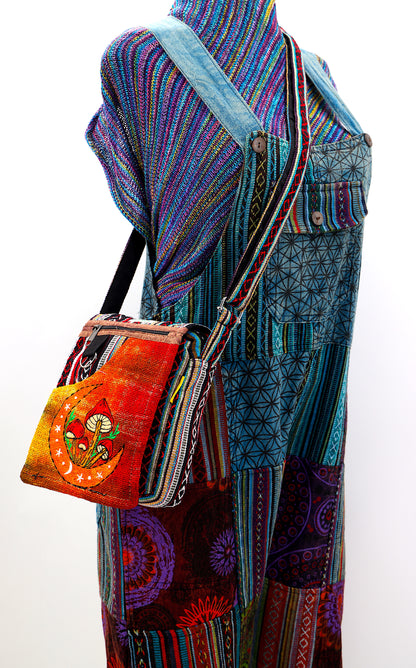 Moon Mushroom Hemp Passport Bag | Hand Embroidered Messenger Bag