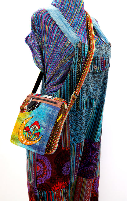 Moon Mushroom Hemp Passport Bag | Hand Embroidered Messenger Bag