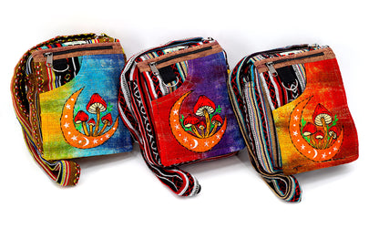 Moon Mushroom Hemp Passport Bag | Hand Embroidered Messenger Bag