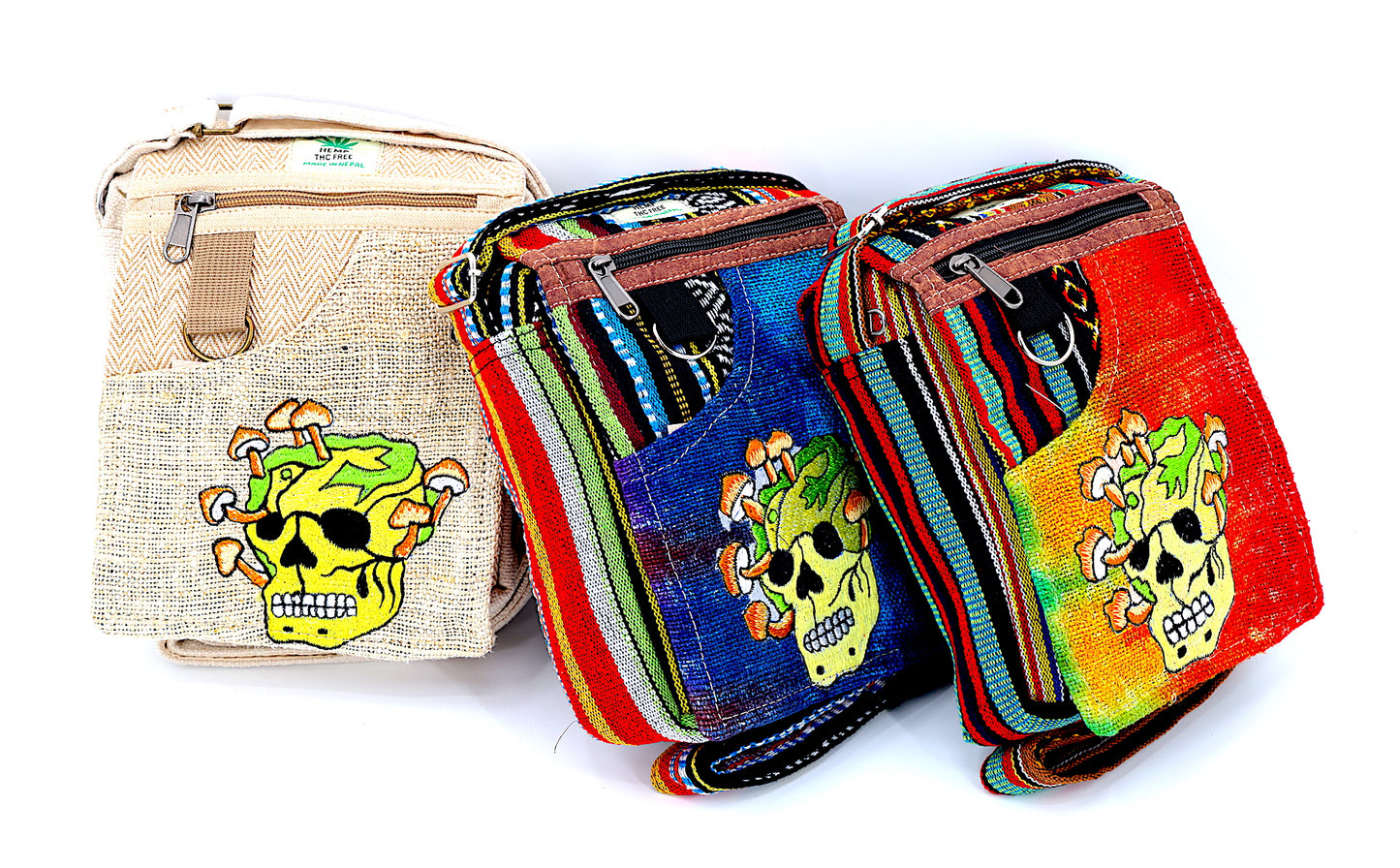 Hemp Skull Mushroom Hand Embroidered Beige/ Tie Dye Passport Bag