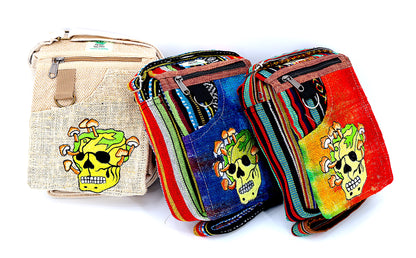 Skull Mushroom Hemp Passport Bag | Hand Embroidered Messenger Bag