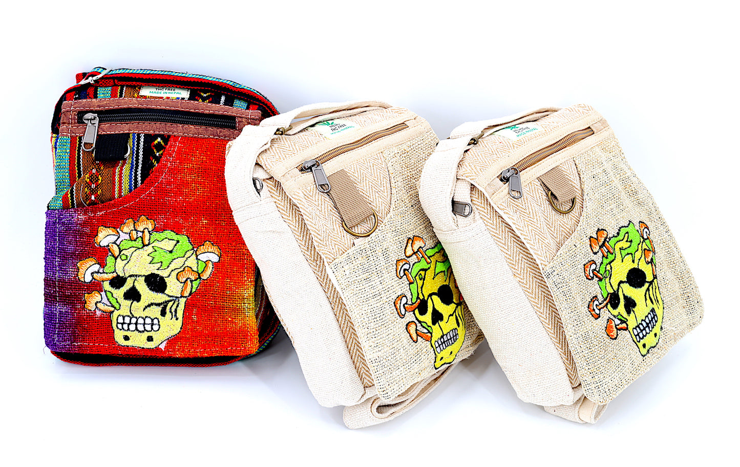 Hemp Skull Mushroom Hand Embroidered Beige/ Tie Dye Passport Bag