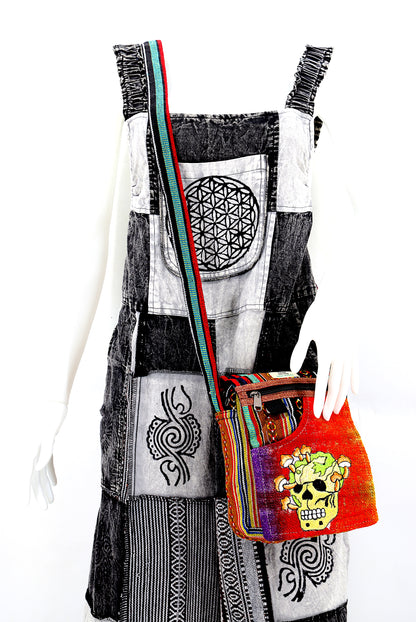 Skull Mushroom Hemp Passport Bag | Hand Embroidered Messenger Bag