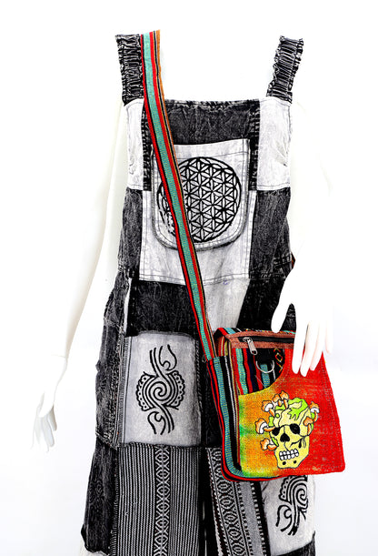 Skull Mushroom Hemp Passport Bag | Hand Embroidered Messenger Bag