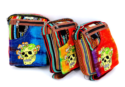 Skull Mushroom Hemp Passport Bag | Hand Embroidered Messenger Bag