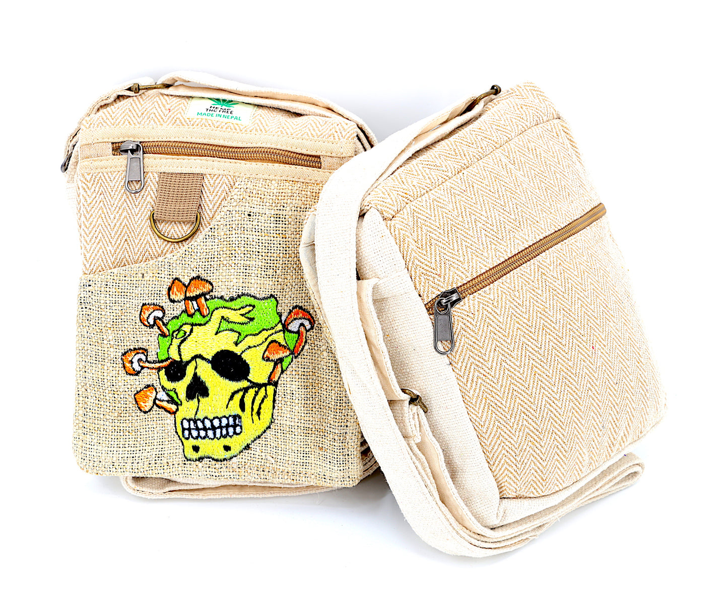 Hemp Skull Mushroom Hand Embroidered Beige/ Tie Dye Passport Bag