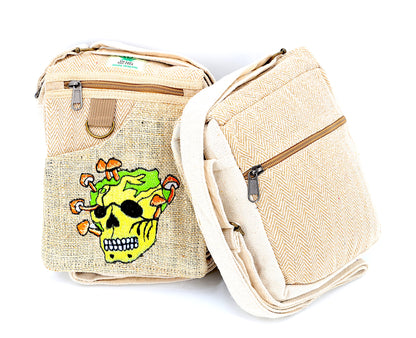 Skull Mushroom Hemp Passport Bag | Hand Embroidered Messenger Bag