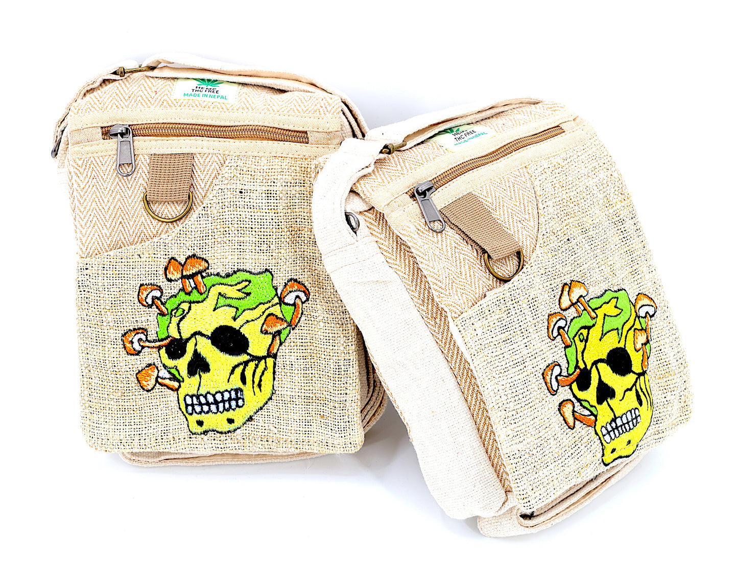 Hemp Skull Mushroom Hand Embroidered Beige/ Tie Dye Passport Bag